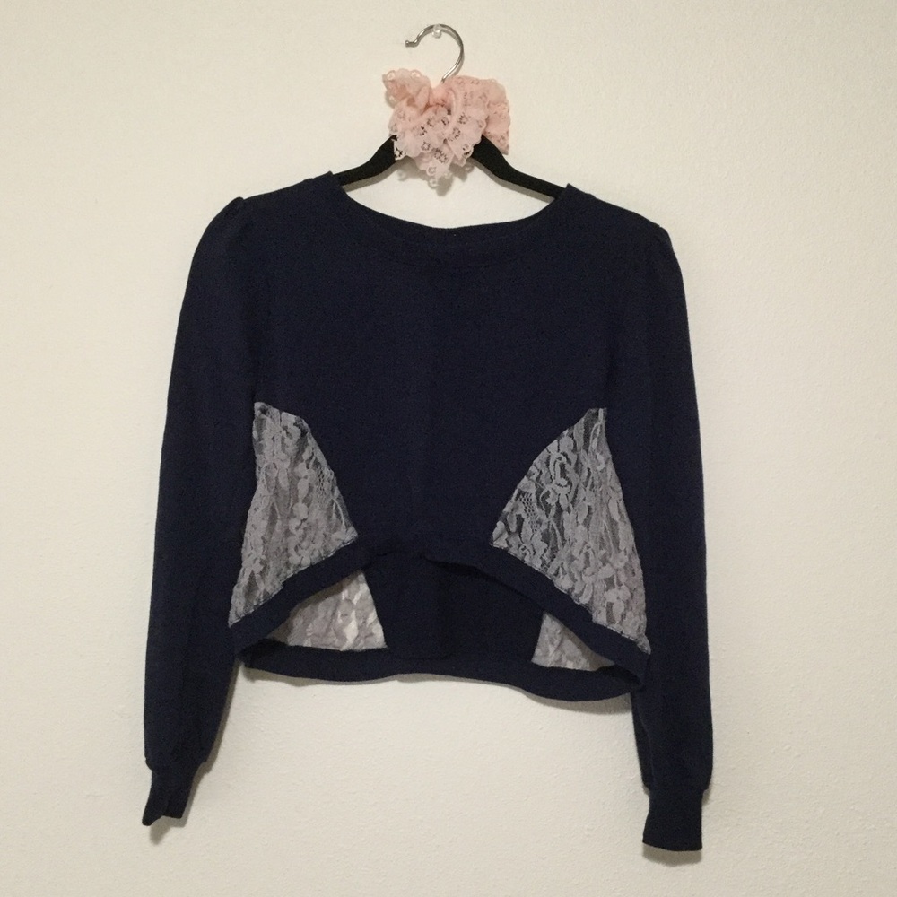 Navy Blue Puff Sleeve Cropped Crewneck Sweater with Sheer Gray Lace Panel
